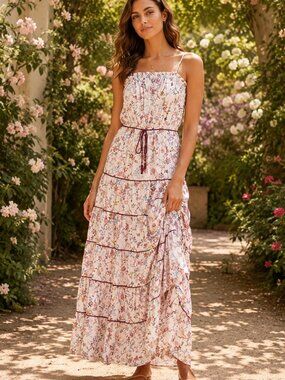 Kos Resort Boho Cottagecore Floral Print Tiered Maxi Dress Sz S